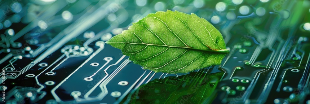 Poster green computing: nature and technology converge. green and eco-friendly concept on computer circuit 