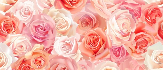 A bouquet of beautiful roses in various shades of pink and peach, arranged to create an elegant floral background for wedding or Valentine's Day cards.