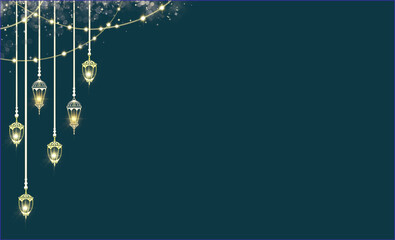 Fototapeta premium Golden Arabic hanging lantern Ramadan karem Islamic Decoration celebrate