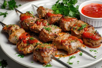 Grilled Shashlik Kebab Skewers with Red Sauce - Delicious Lamb Meat BBQ for Summer Party or Outdoor Dining