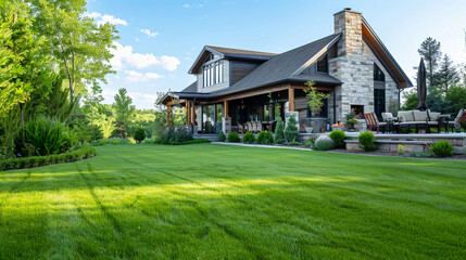 Fototapeta na wymiar Upscale suburban home with an immaculate yard, lush green grass, and beautiful landscaping.