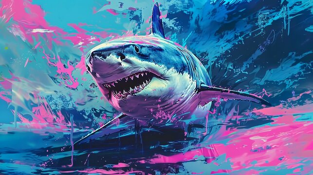 a shark painting with a light blue and pink electricity effect background,-
