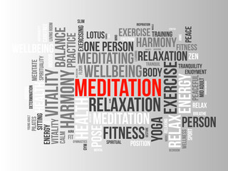 Fototapeta premium Meditation Day word cloud template. Health awareness concept vector background.