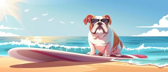 At a beautiful summer beach, a bulldog surfing on a surfboard while wearing sunglasses at the sea's side, sunny day - obrazy, fototapety, plakaty