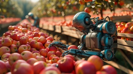 Robot harvesting apples to the wooden box in the orchard