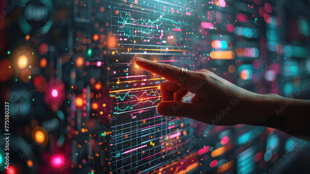 Poster a close-up of a hand interacting with a touchscreen that displays vibrant and intricate graphic data
