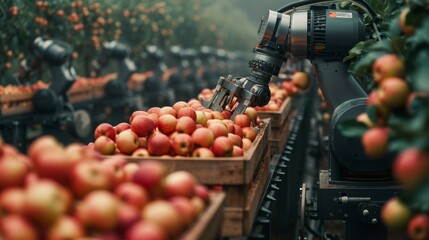 Robot harvesting apples to the wooden box in the orchard