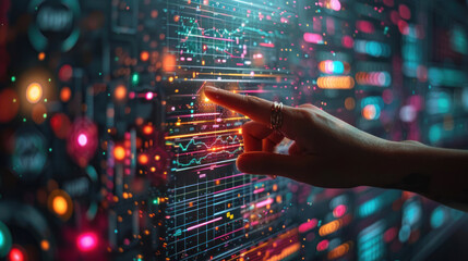 A close-up of a hand interacting with a touchscreen that displays vibrant and intricate graphic data, symbolizing technological progress - obrazy, fototapety, plakaty