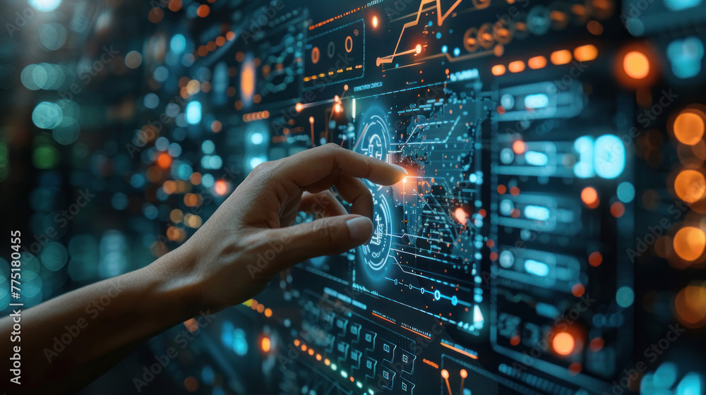 Poster a close-up view of a human hand interacting with a futuristic digital interface full of graphs and d
