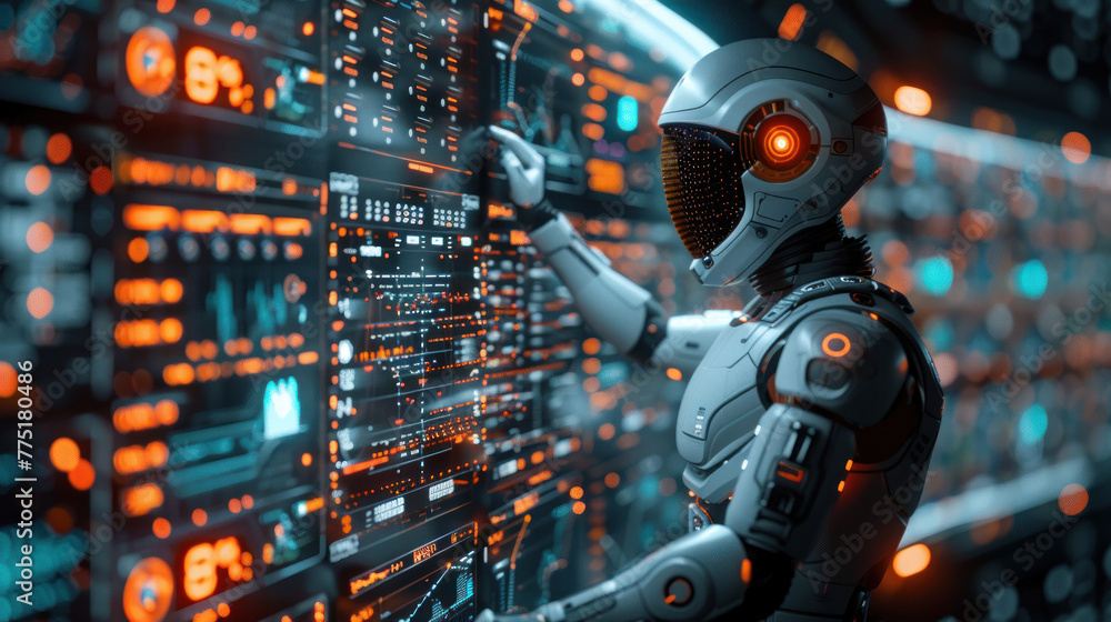 Poster detailed view of a human hand engaging with a dynamic digital control panel featuring various metric