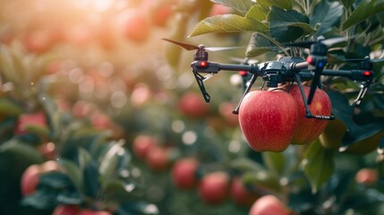 Drone harvesting apples in the orchard