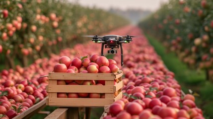 Drone harvesting apples to the wooden box in the orchard