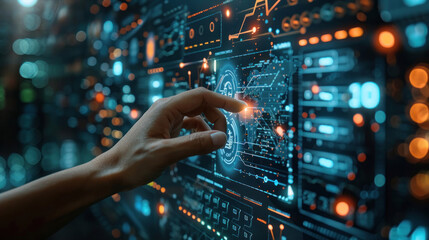 A close-up view of a human hand interacting with a futuristic digital interface full of graphs and data