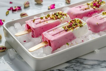 Popsicles with pistachio and pink cream on ice in white rectangular tray