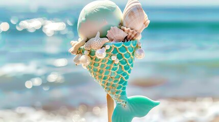 A mermaid tail ice cream on a stick decorated with shells and pearls.