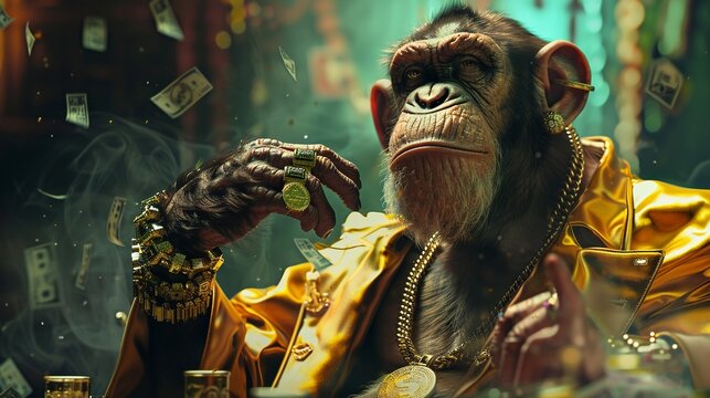 monkey who is dressed in gangster hip hop clothese, he thinks hes a rapper or dj, there is money everywhere-