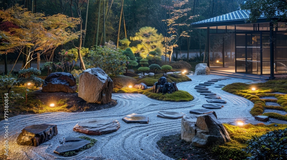 Poster a japanese garden with a path and rocks. the path is lit up with lights and the rocks are scattered 