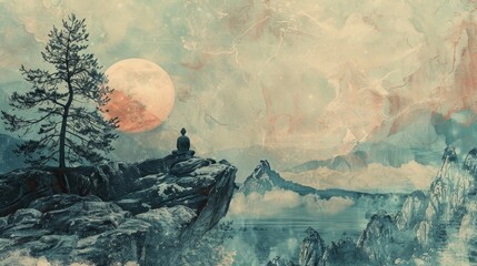 A man is sitting on a rock overlooking a body of water. The sky is filled with clouds and a large red moon. The scene is serene and peaceful, with the man meditating - obrazy, fototapety, plakaty