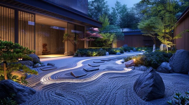 A Japanese garden with a stone path and a statue. The garden is lit up at night, creating a peaceful and serene atmosphere