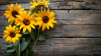 Sunflowers on wooden board, Generative Ai