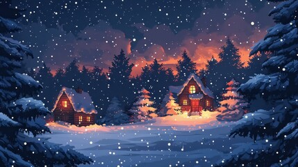 A snowy landscape with two small houses and a forest in the background. The houses are lit up, giving a warm and cozy feeling to the scene