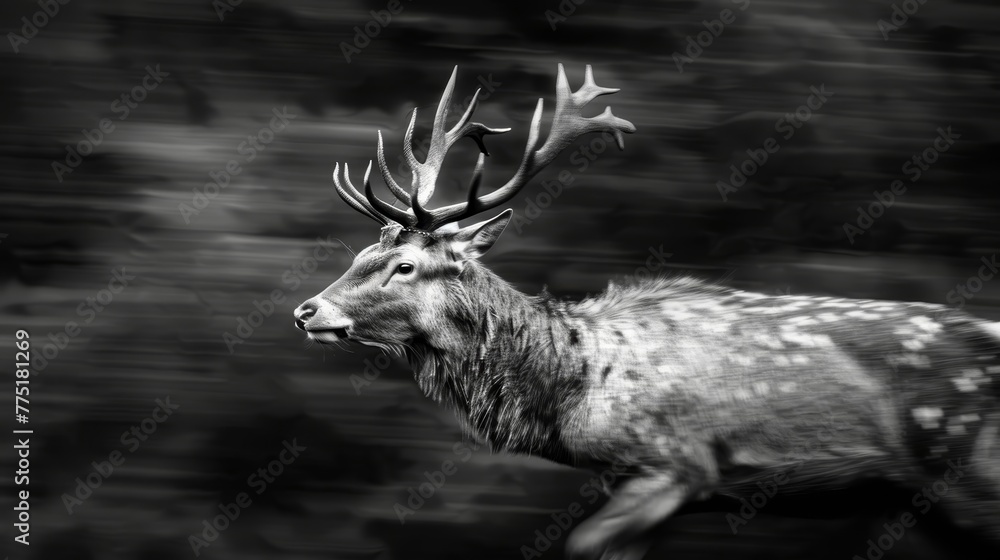 Poster A deer is running through the woods with its antlers on. The image has a sense of motion and energy, as if the deer is in the middle of a chase