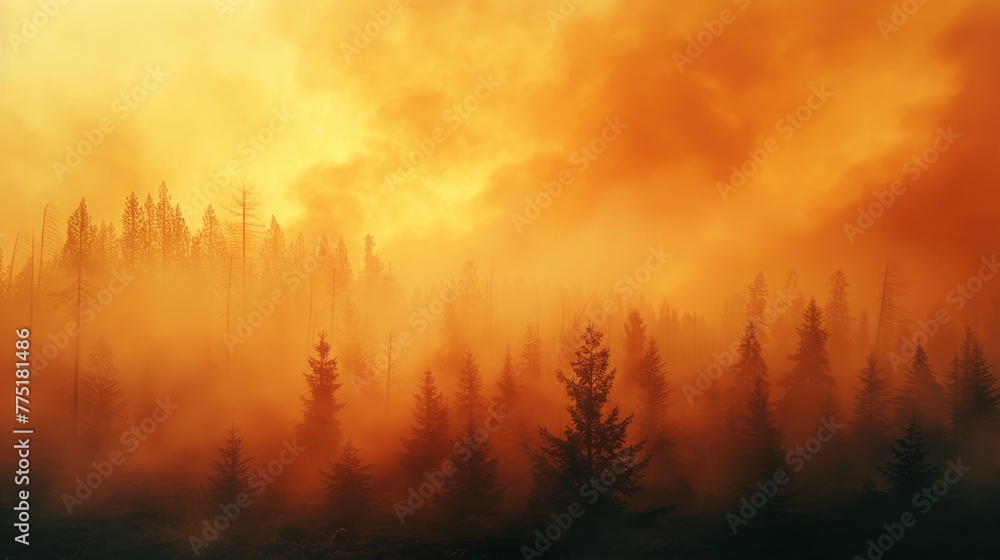 Poster a forest with trees in the foreground and a hazy orange sky in the background. the sky is filled wit