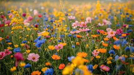 Fototapeta premium A field of flowers with a variety of colors including pink, blue, and yellow. The flowers are scattered throughout the field, creating a vibrant and lively atmosphere