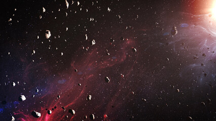 Asteroids field in deep space with sun flare Beautiful Nebula and sun with many asteroids, 4K, 2023  © ImageBank4U