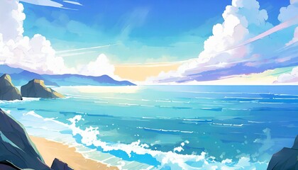 アニメ風の美しい海と水平線_02