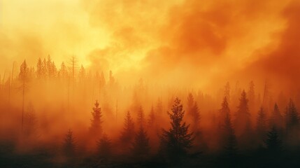 A forest with trees in the foreground and a hazy orange sky in the background. The sky is filled with smoke and the trees are covered in a fog