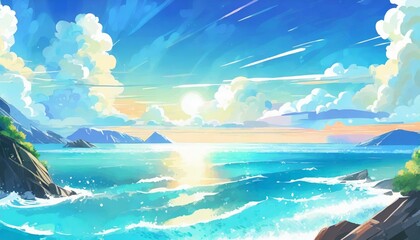 アニメ風の美しい海と水平線_01