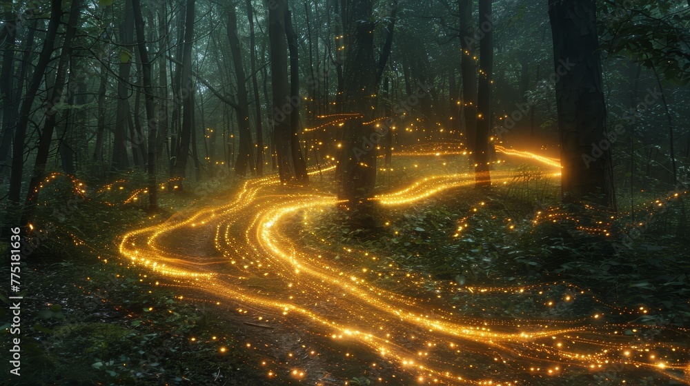 Poster a forest path is lit up with glowing gold sparks. the path is illuminated by a light source, creatin