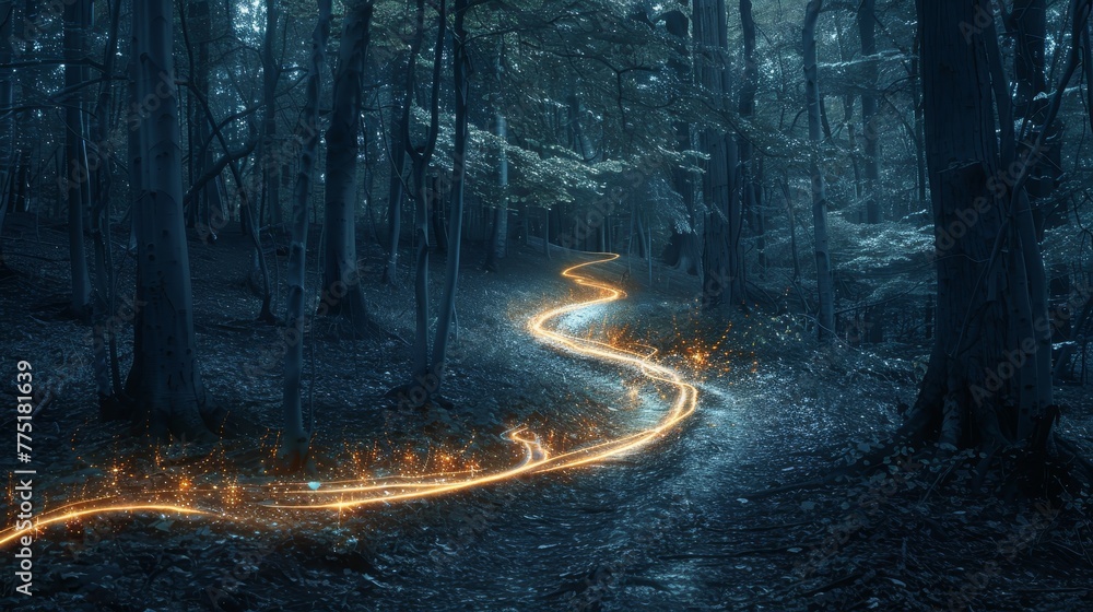 Poster a forest path with a glowing line of light. the light is coming from a fire, and the path is illumin