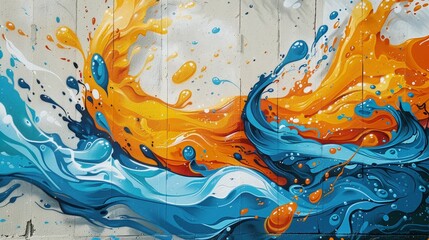 A painting of a wave with blue and orange splashes. The painting is abstract and has a lot of movement