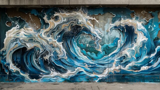 A large painting of a wave with a splash of color. The mood of the painting is powerful and dynamic