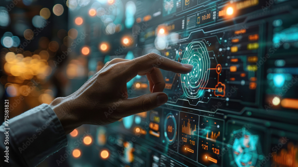 Poster a close-up shot of a hand interacting with a high-tech digital screen displaying financial data and 