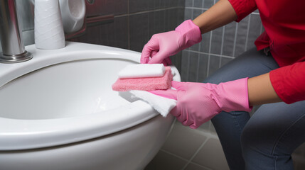a person in pink gloves cleaning a toilet, in the style of light gray and red, white and emerald сreated with Generative Ai