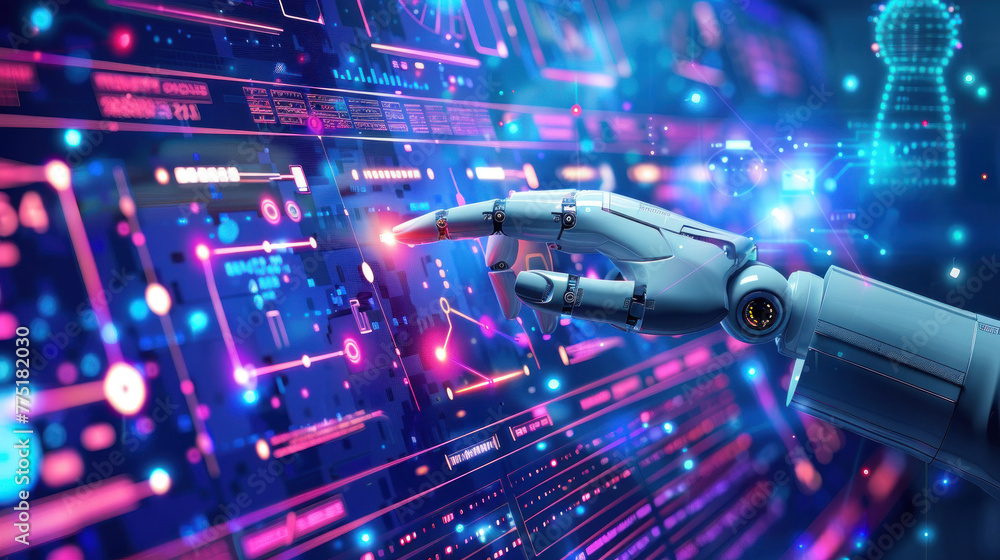 Poster robotic humanoid figure manipulating a futuristic dashboard, concept of ai in system control