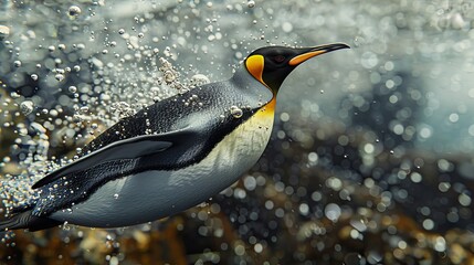 Vivid king penguin diving in southern ocean with detailed feathers, bubbles, photorealistic shot - obrazy, fototapety, plakaty