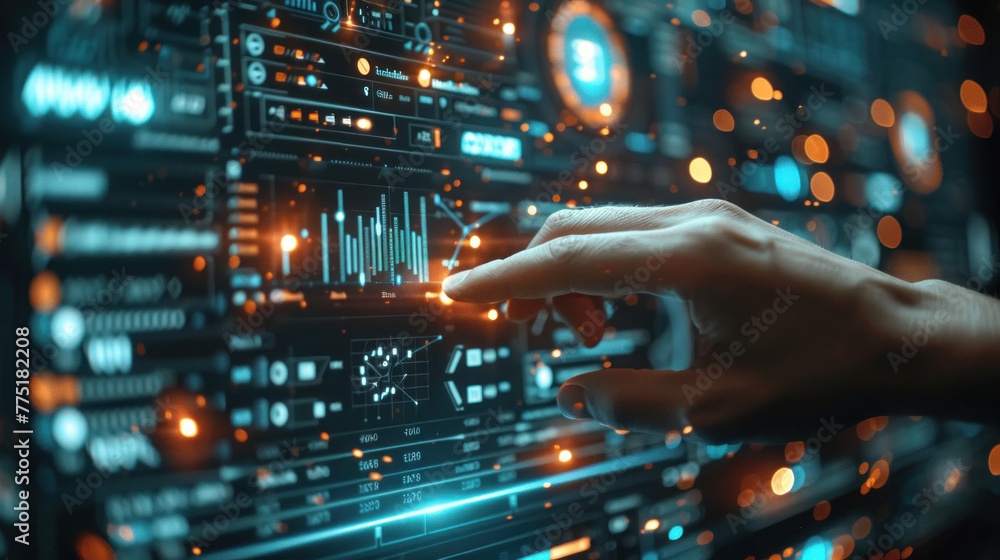 Poster a person's finger is seen adjusting or interacting with digital graphs on a futuristic screen, repre