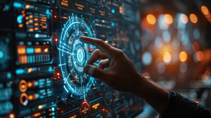 Close-up depicts a hand engaging with a highly sophisticated, glowing technology interface panel with digital elements - 775182214