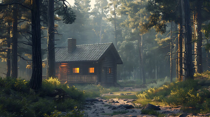 A secluded cabin nestled amidst towering pine trees - obrazy, fototapety, plakaty