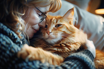 A middle age woman with her cat at home, people and their pets concept - obrazy, fototapety, plakaty