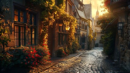 A street with a brick walkway and a row of houses. The houses have ivy growing on them - obrazy, fototapety, plakaty