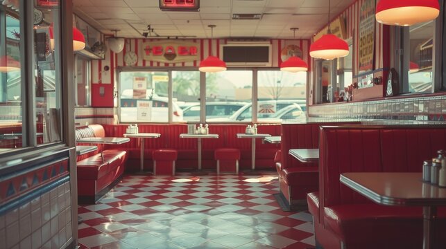 A red and white restaurant with a checkered floor and red booths