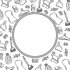 circle frame of home cleaning equipment in hand drawn style