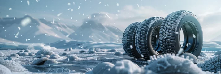 Fotobehang Winter tires set against a backdrop of snow and ice, with frosted flakes covering the ground © AlfaSmart