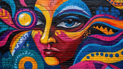 A colorful face painted on a brick wall. The face is very detailed and has a lot of different colors. Scene is bright and cheerful, and it seems to be a work of art