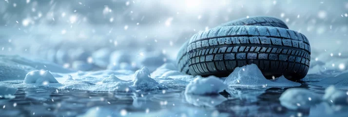 Fotobehang Winter tires set against a backdrop of snow and ice, with frosted flakes covering the ground © AlfaSmart